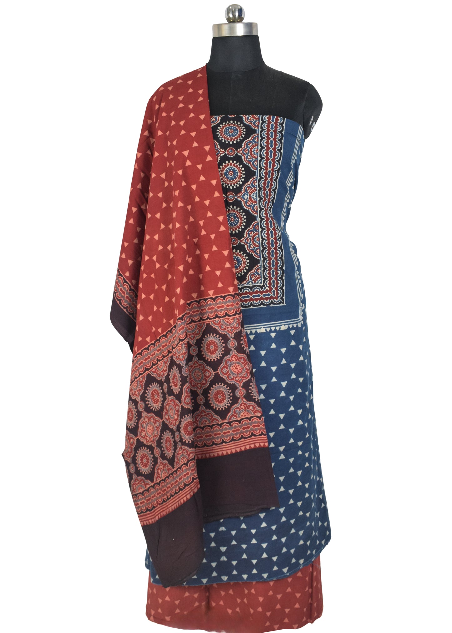 Ajrakh Cotton Natural Dye Three Colour Full Printed Hand Block Print Dress Material with 44 Inch wide Dupatta - 2.5 Mt Top    -  SKU : AI03501R