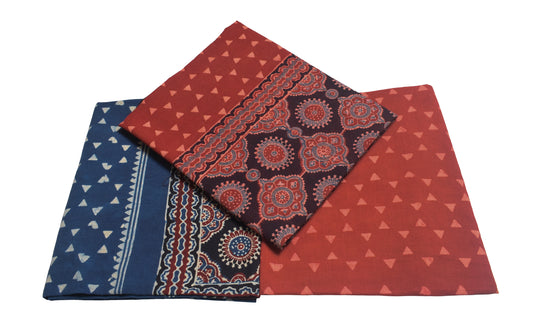 Ajrakh Cotton Natural Dye Three Colour Full Printed Hand Block Print Dress Material with 44 Inch wide Dupatta - 2.5 Mt Top    -  SKU : AI03501R