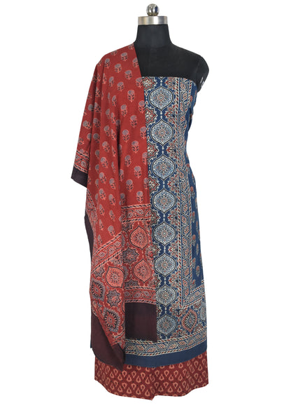 Ajrakh Cotton Natural Dye Three Colour Full Printed Hand Block Print Dress Material with 44 Inch wide Dupatta - 2.5 Mt Top    -  SKU : AI03501X