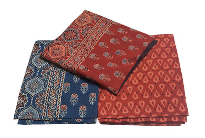Ajrakh Cotton Natural Dye Three Colour Full Printed Hand Block Print Dress Material with 44 Inch wide Dupatta - 2.5 Mt Top    -  SKU : AI03501X