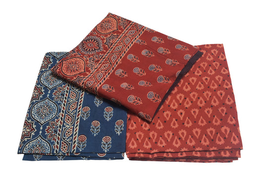 Ajrakh Cotton Natural Dye Three Colour Full Printed Hand Block Print Dress Material with 44 Inch wide Dupatta - 2.5 Mt Top    -  SKU : AI03501X