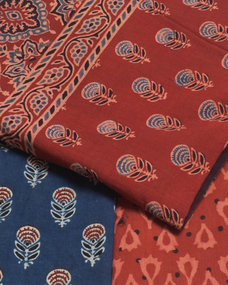 Ajrakh Cotton Natural Dye Three Colour Full Printed Hand Block Print Dress Material with 44 Inch wide Dupatta - 2.5 Mt Top    -  SKU : AI03501X