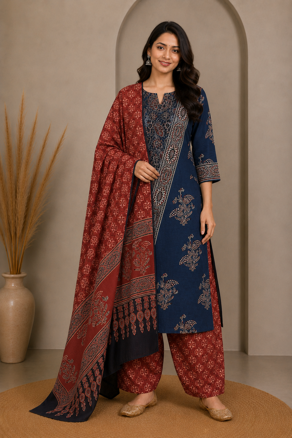 Ajrakh Cotton Natural Dye Three Colour Full Printed Hand Block Print Dress Material with 44 Inch wide Dupatta - 2.5 Mt Top    -  SKU : AI0350AD