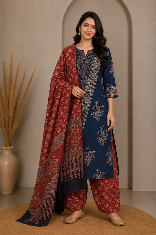 Ajrakh Cotton Natural Dye Three Colour Full Printed Hand Block Print Dress Material with 44 Inch wide Dupatta - 2.5 Mt Top    -  SKU : AI0350AD