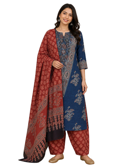 Ajrakh Cotton Natural Dye Three Colour Full Printed Hand Block Print Dress Material with 44 Inch wide Dupatta - 2.5 Mt Top    -  SKU : AI0350AD