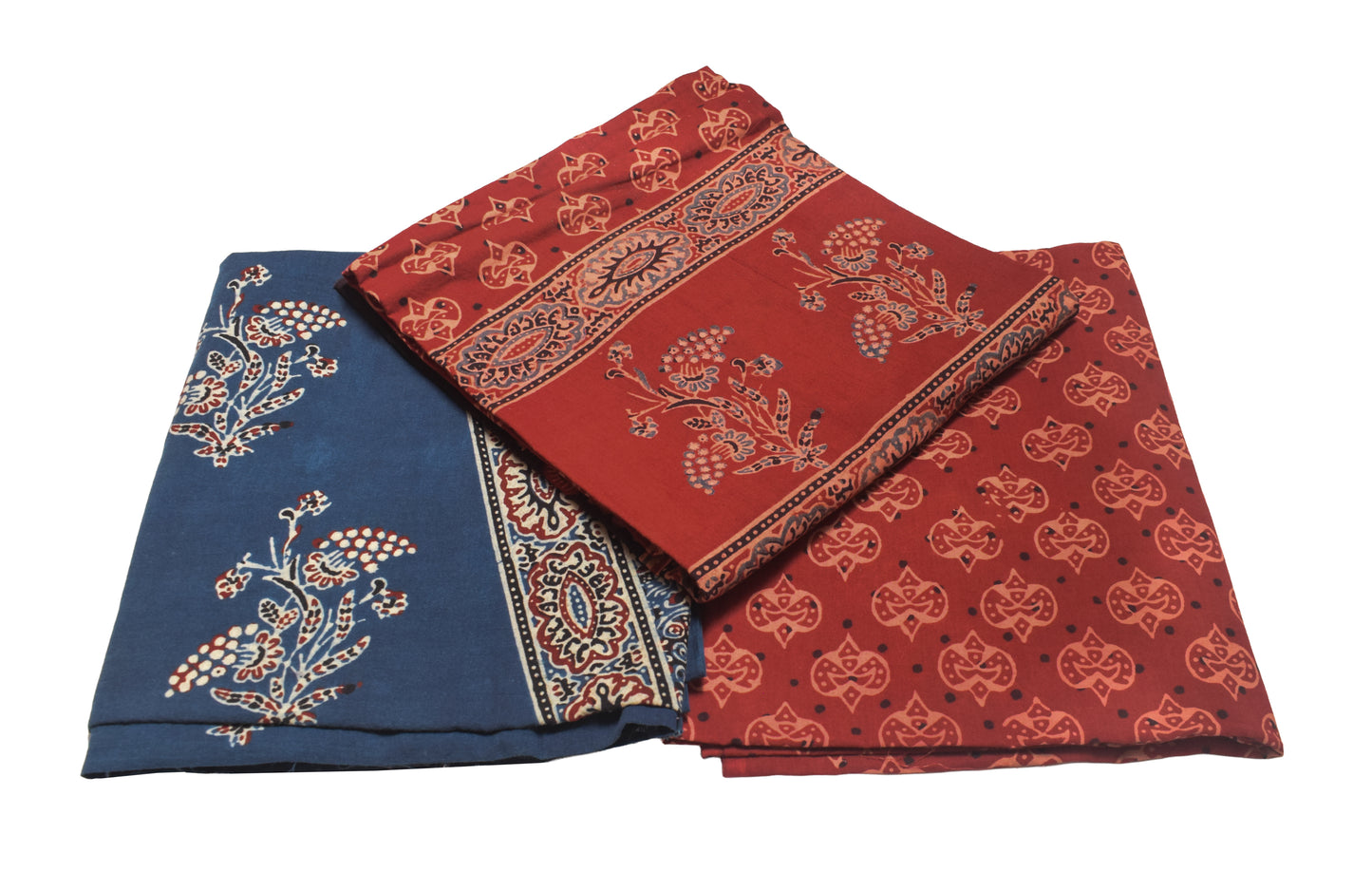 Ajrakh Cotton Natural Dye Three Colour Full Printed Hand Block Print Dress Material with 44 Inch wide Dupatta - 2.5 Mt Top    -  SKU : AI0350AD