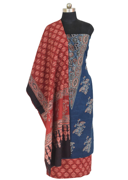 Ajrakh Cotton Natural Dye Three Colour Full Printed Hand Block Print Dress Material with 44 Inch wide Dupatta - 2.5 Mt Top    -  SKU : AI0350AD