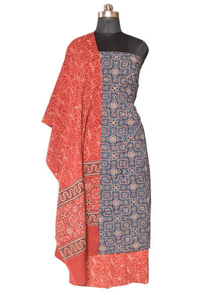 Ajrakh Cotton Natural Dye Three Colour Print Hand Block Print Dress Material  with 44 Inch wide Dupatta  - 2.5  Mt Top    -  SKU : ID03B01C