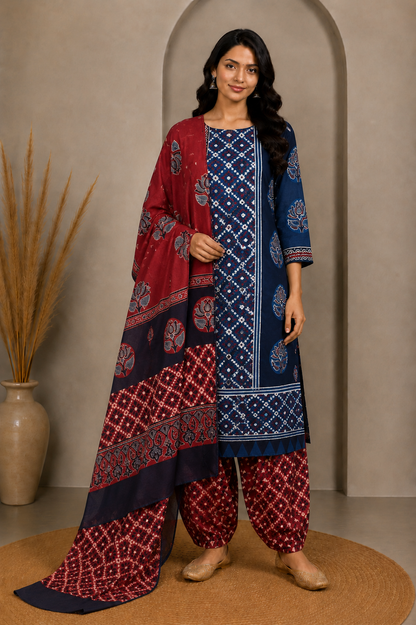 Ajrakh Cotton Natural Dye Three Colour Full Printed ( 3 Kam ) Hand Block Print Dress Material with 44 Inch wide Dupatta - 2.5 Mt Top    -  SKU : ID2083AG