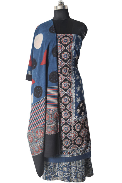 Ajrakh Cotton Natural Dye Three Colour Full Printed Hand Block Print Dress Material with 44 Inch wide Dupatta - 2.5 Mt Top    -  SKU : ID26501K