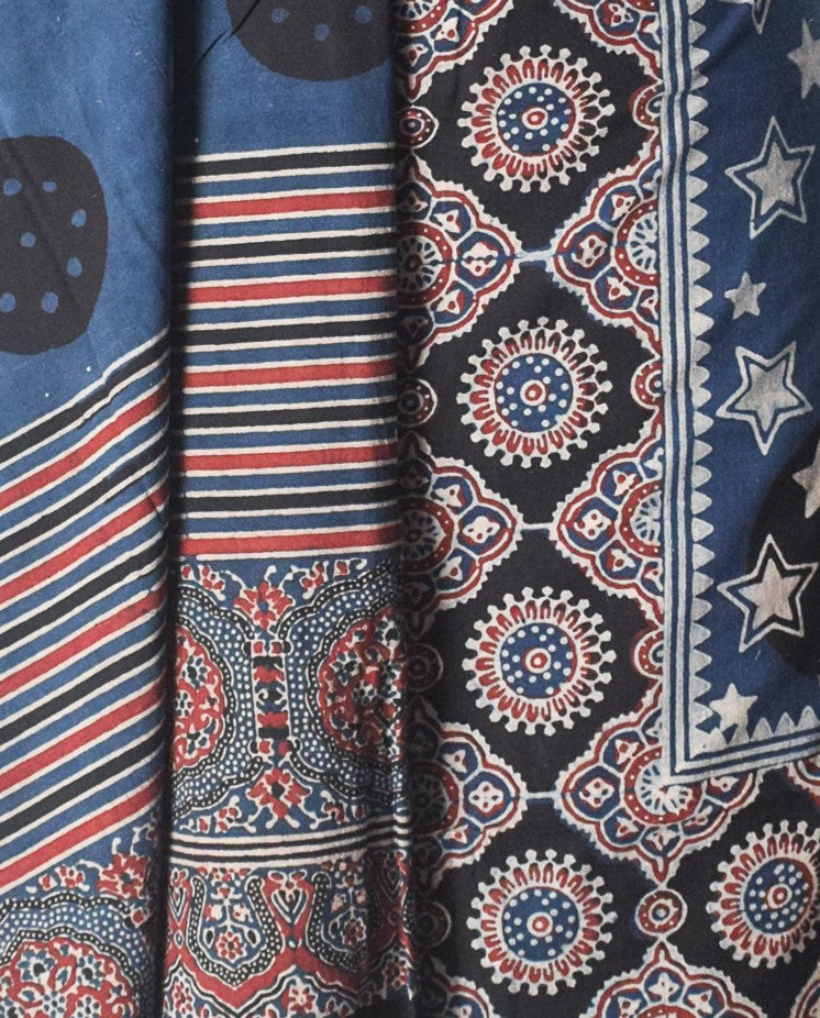 Ajrakh Cotton Natural Dye Three Colour Full Printed Hand Block Print Dress Material with 44 Inch wide Dupatta - 2.5 Mt Top    -  SKU : ID26501K