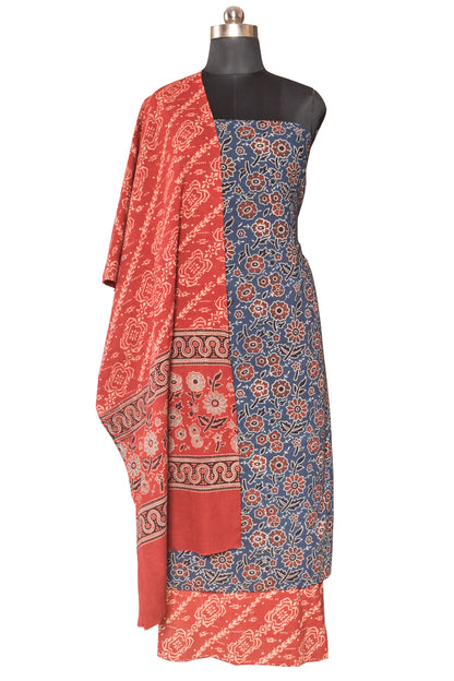 Ajrakh Cotton Natural Dye Three Colour Print Hand Block Print Dress Material  with 44 Inch wide Dupatta  - 2.5  Mt Top    -  SKU : ID30A01C