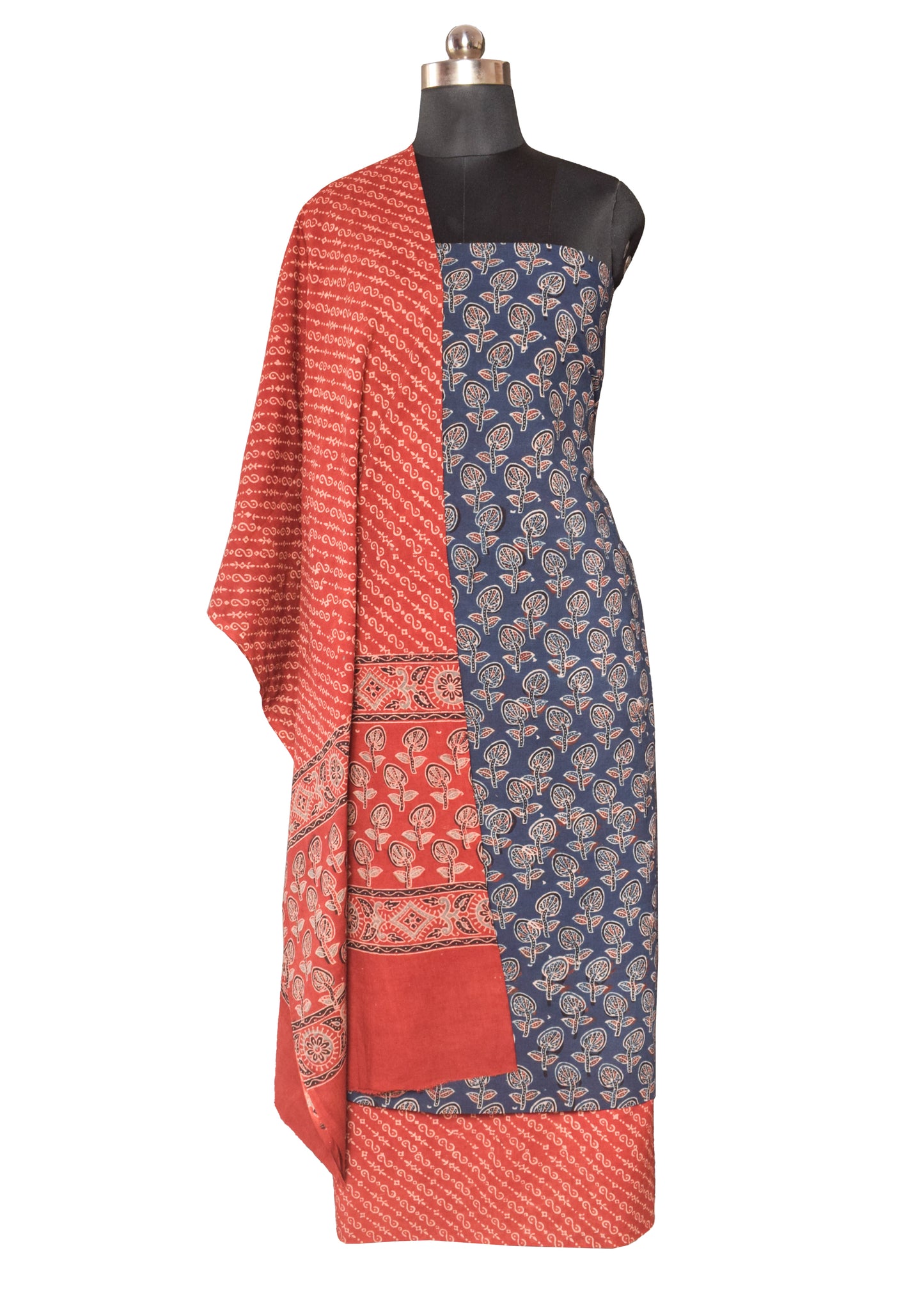 Ajrakh Cotton Natural Dye Three Colour Print Hand Block Print Dress Material  with 44 Inch wide Dupatta  - 2.5  Mt Top    -  SKU : ID30A01H