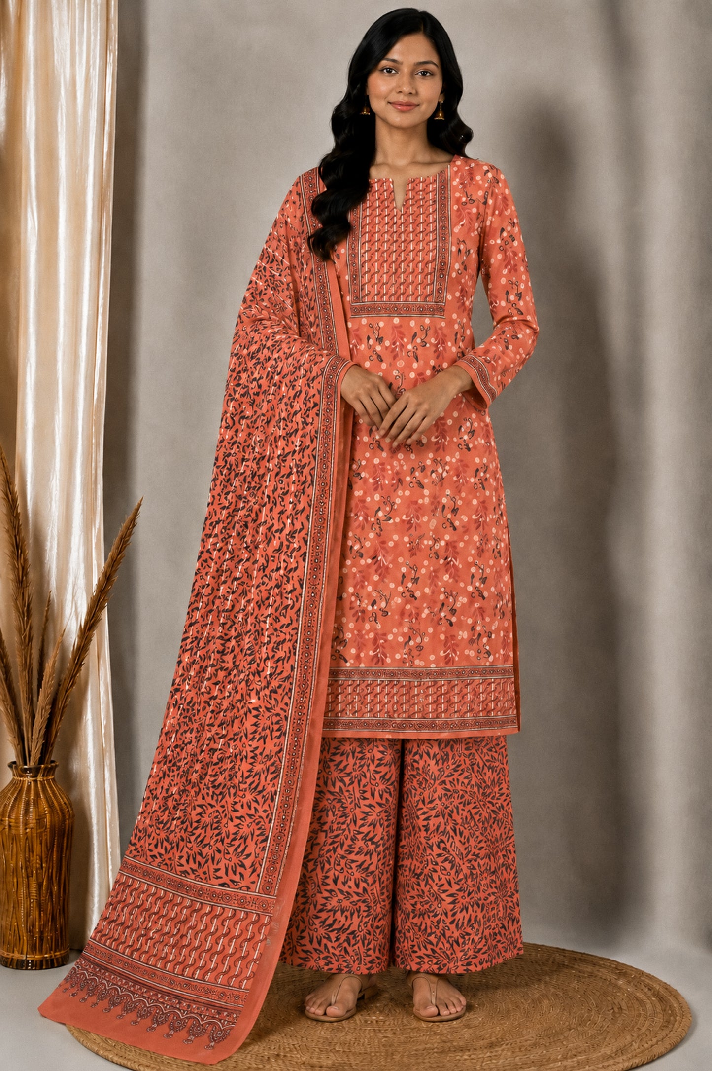 Ajrakh Cotton Natural Dye Three Colour Print | 3 Kam | Hand Block Print Dress Material with 44 Inch wide Dupatta - 2.5 Mt Top   -  SKU : AI03701Y