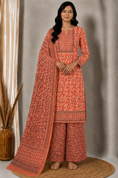 Ajrakh Cotton Natural Dye Three Colour Print | 3 Kam | Hand Block Print Dress Material with 44 Inch wide Dupatta - 2.5 Mt Top   -  SKU : AI03701Y