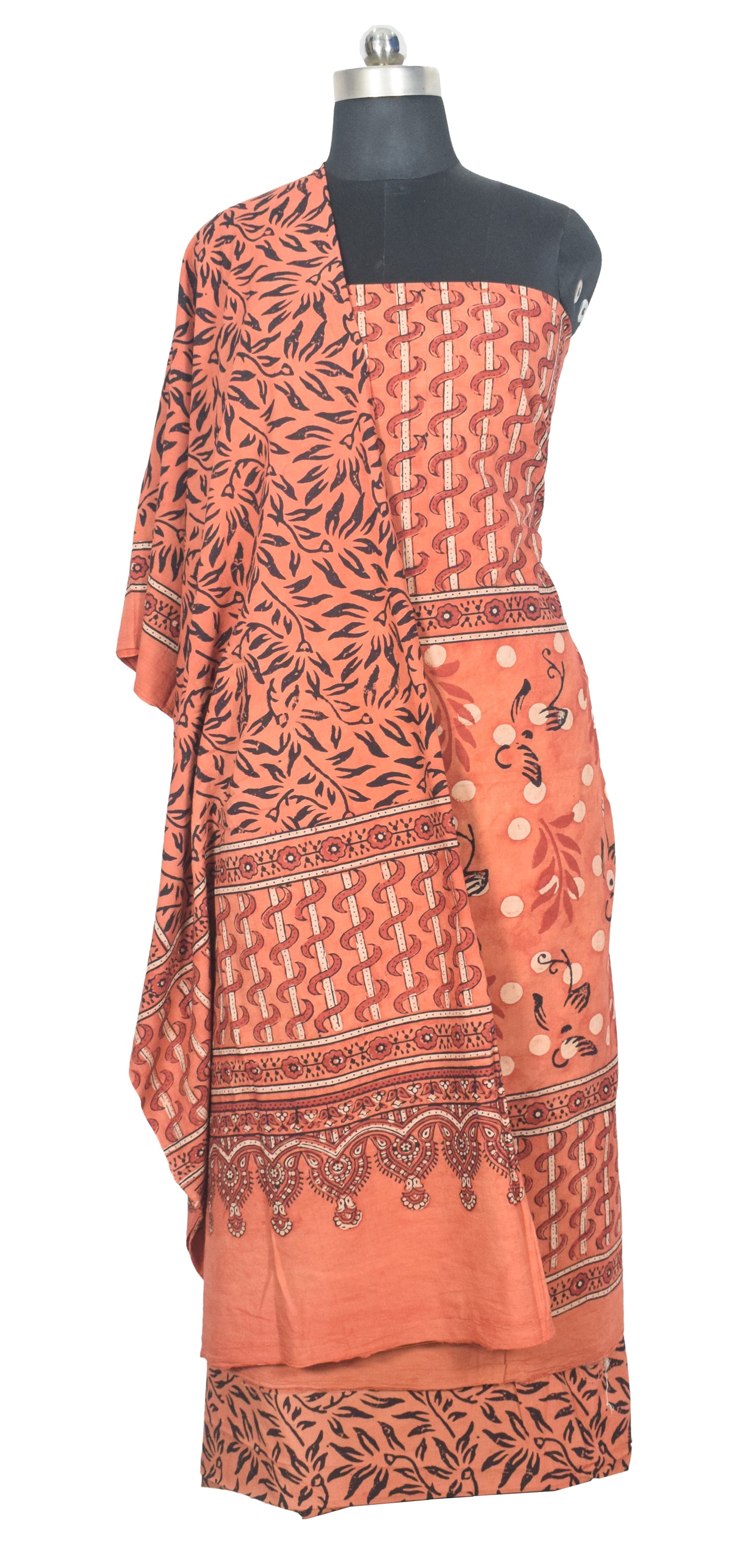 Ajrakh Cotton Natural Dye Three Colour Print | 3 Kam | Hand Block Print Dress Material with 44 Inch wide Dupatta - 2.5 Mt Top   -  SKU : AI03701Y