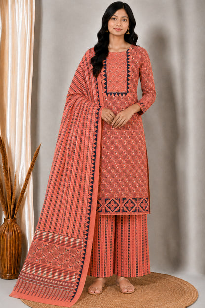Ajrakh Cotton Natural Dye Three Colour Print | 3 Kam | Hand Block Print Dress Material with 44 Inch wide Dupatta - 2.5 Mt Top   -  SKU : AI03701Z