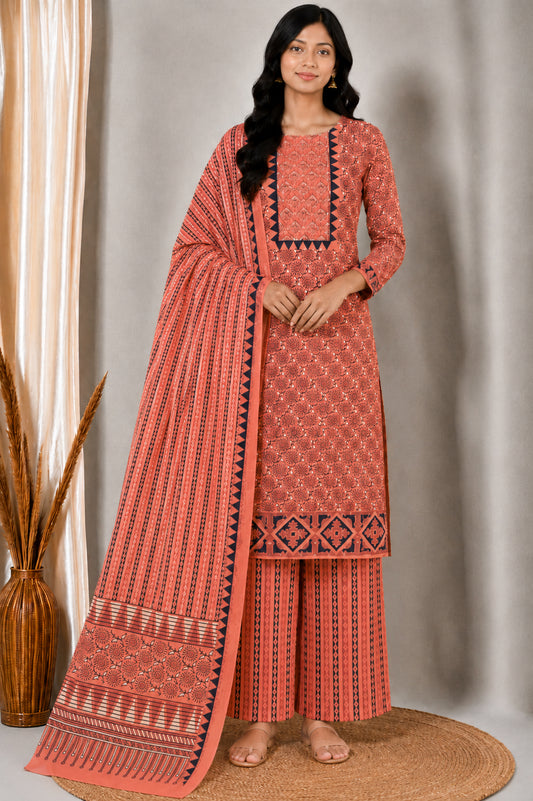Ajrakh Cotton Natural Dye Three Colour Print | 3 Kam | Hand Block Print Dress Material with 44 Inch wide Dupatta - 2.5 Mt Top   -  SKU : AI03701Z
