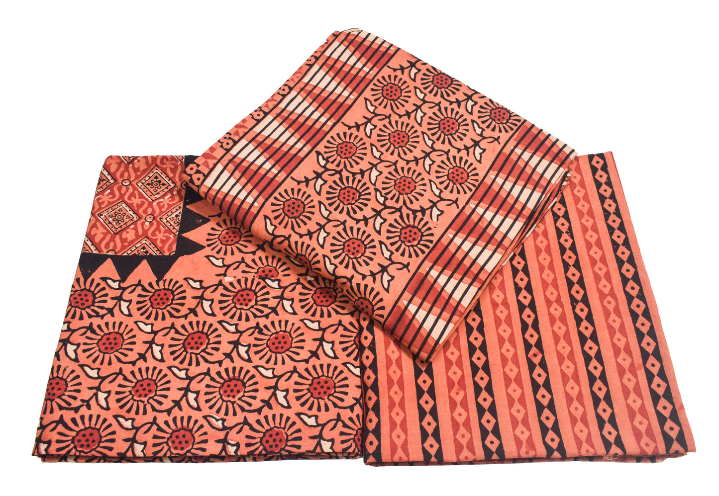 Ajrakh Cotton Natural Dye Three Colour Print | 3 Kam | Hand Block Print Dress Material with 44 Inch wide Dupatta - 2.5 Mt Top   -  SKU : AI03701Z