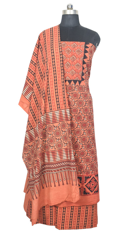 Ajrakh Cotton Natural Dye Three Colour Print | 3 Kam | Hand Block Print Dress Material with 44 Inch wide Dupatta - 2.5 Mt Top   -  SKU : AI03701Z