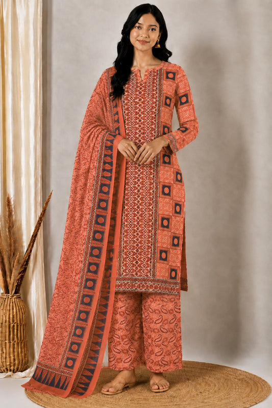 Ajrakh Cotton Natural Dye Three Colour Print | 3 Kam | Hand Block Print Dress Material with 44 Inch wide Dupatta - 2.5 Mt Top   -  SKU : AI0370AA