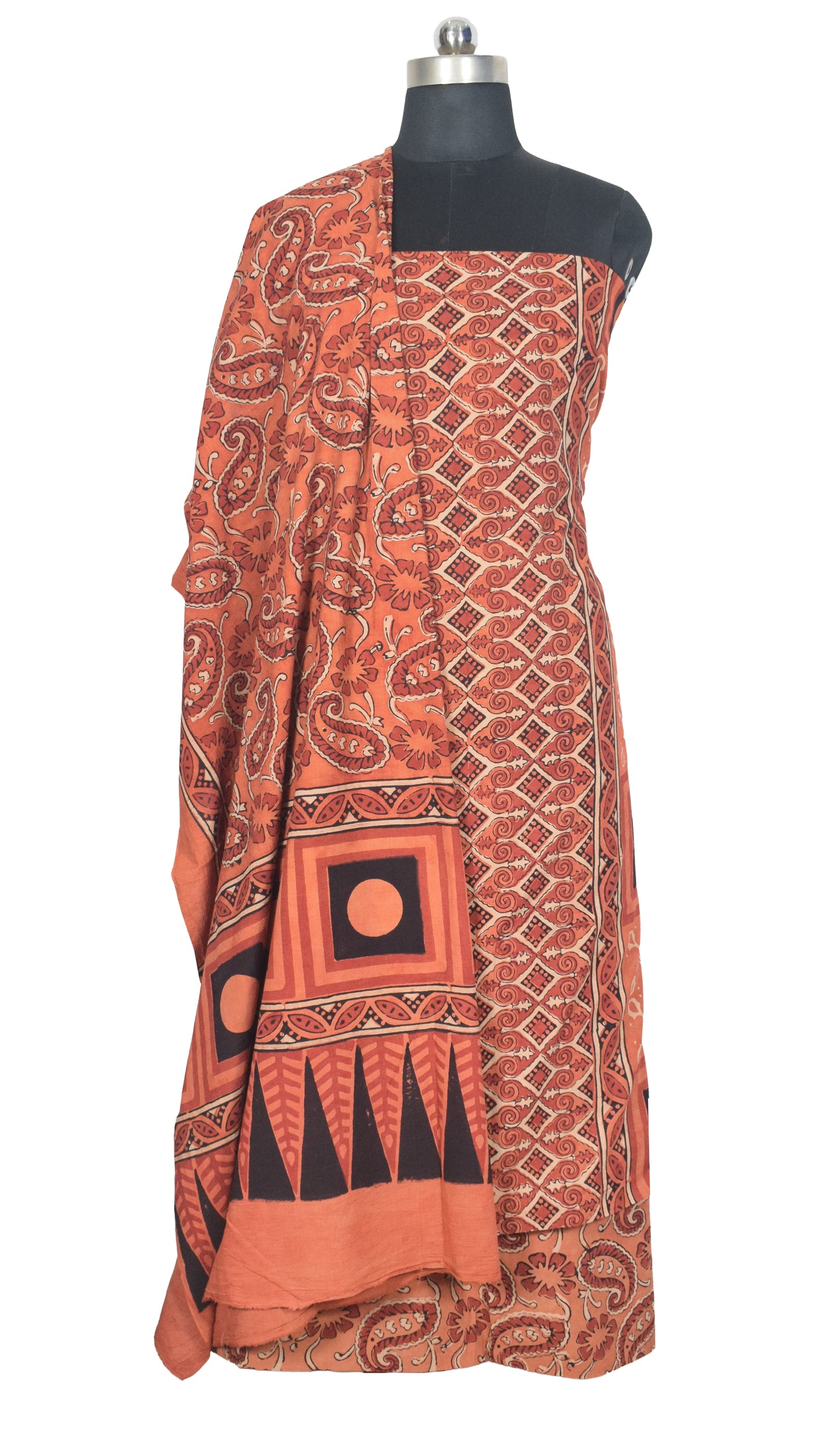 Ajrakh Cotton Natural Dye Three Colour Print | 3 Kam | Hand Block Print Dress Material with 44 Inch wide Dupatta - 2.5 Mt Top   -  SKU : AI0370AA