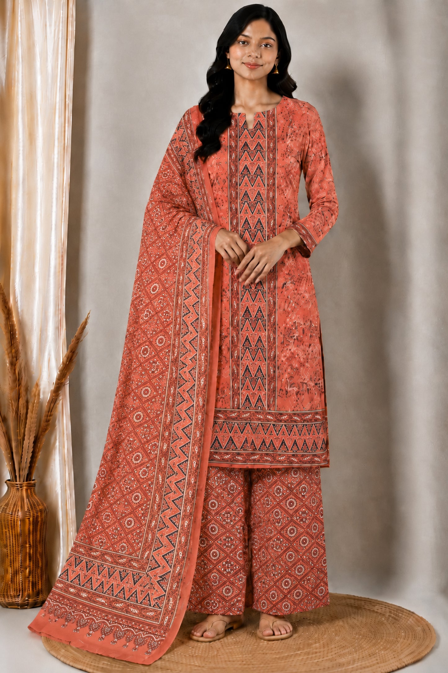 Ajrakh Cotton Natural Dye Three Colour Print | 3 Kam | Hand Block Print Dress Material with 44 Inch wide Dupatta - 2.5 Mt Top   -  SKU : AI0370AB