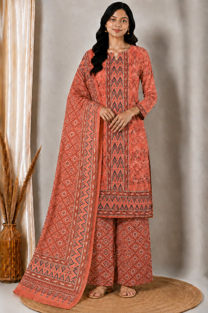 Ajrakh Cotton Natural Dye Three Colour Print | 3 Kam | Hand Block Print Dress Material with 44 Inch wide Dupatta - 2.5 Mt Top   -  SKU : AI0370AB