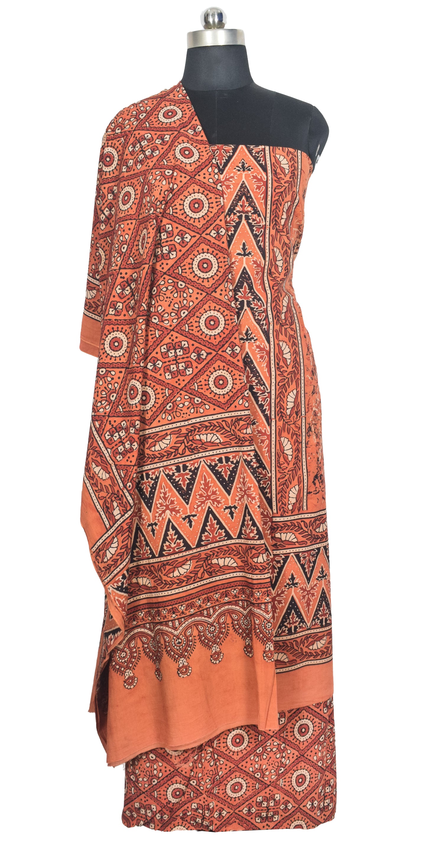 Ajrakh Cotton Natural Dye Three Colour Print | 3 Kam | Hand Block Print Dress Material with 44 Inch wide Dupatta - 2.5 Mt Top   -  SKU : AI0370AB