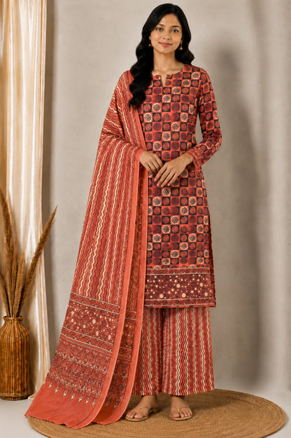 Ajrakh Cotton Natural Dye Three Colour Print | 3 Kam | Hand Block Print Dress Material with 44 Inch wide Dupatta - 2.5 Mt Top   -  SKU : AI0370AC