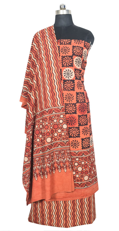 Ajrakh Cotton Natural Dye Three Colour Print | 3 Kam | Hand Block Print Dress Material with 44 Inch wide Dupatta - 2.5 Mt Top   -  SKU : AI0370AC