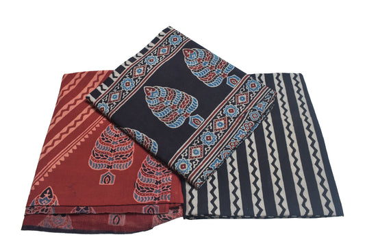 Ajrakh Cotton Natural Dye Three Colour Full Printed Hand Block Print Dress Material with 44 Inch wide Dupatta - 2.5 Mt Top    -  SKU : AI03501C