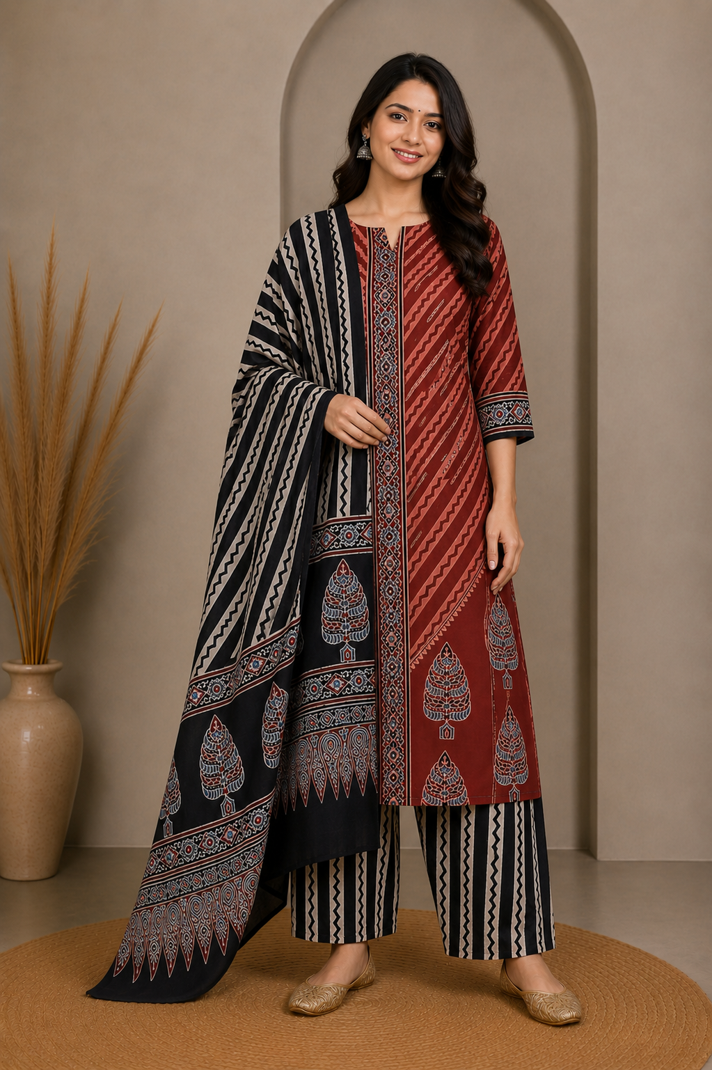 Ajrakh Cotton Natural Dye Three Colour Full Printed Hand Block Print Dress Material with 44 Inch wide Dupatta - 2.5 Mt Top    -  SKU : AI03501C