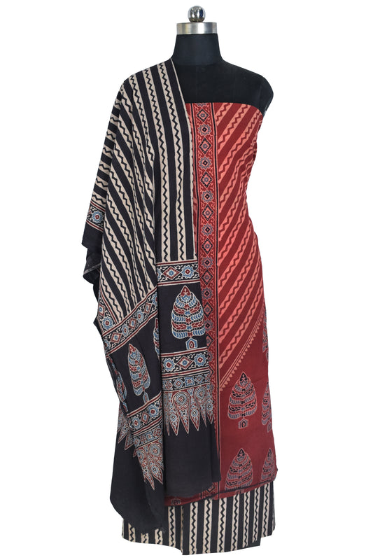 Ajrakh Cotton Natural Dye Three Colour Full Printed Hand Block Print Dress Material with 44 Inch wide Dupatta - 2.5 Mt Top    -  SKU : AI03501C