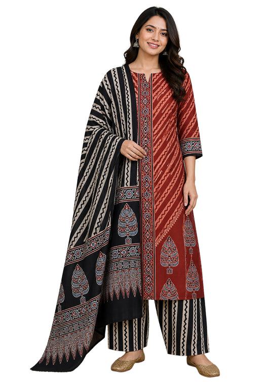 Ajrakh Cotton Natural Dye Three Colour Full Printed Hand Block Print Dress Material with 44 Inch wide Dupatta - 2.5 Mt Top    -  SKU : AI03501C