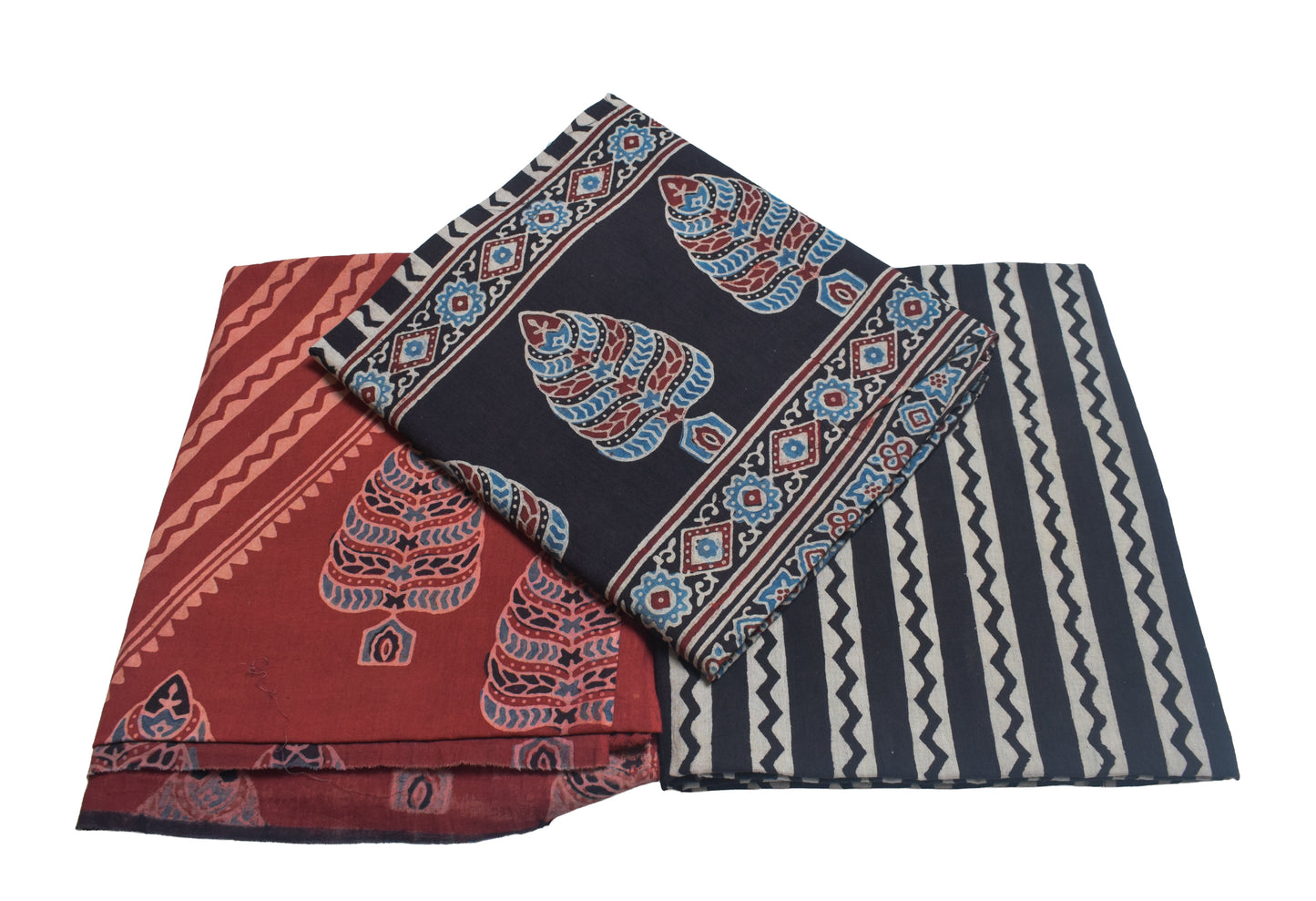 Ajrakh Cotton Natural Dye Three Colour Full Printed Hand Block Print Dress Material with 44 Inch wide Dupatta - 2.5 Mt Top    -  SKU : AI03501C