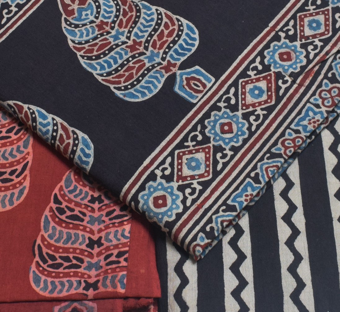 Ajrakh Cotton Natural Dye Three Colour Full Printed Hand Block Print Dress Material with 44 Inch wide Dupatta - 2.5 Mt Top    -  SKU : AI03501C