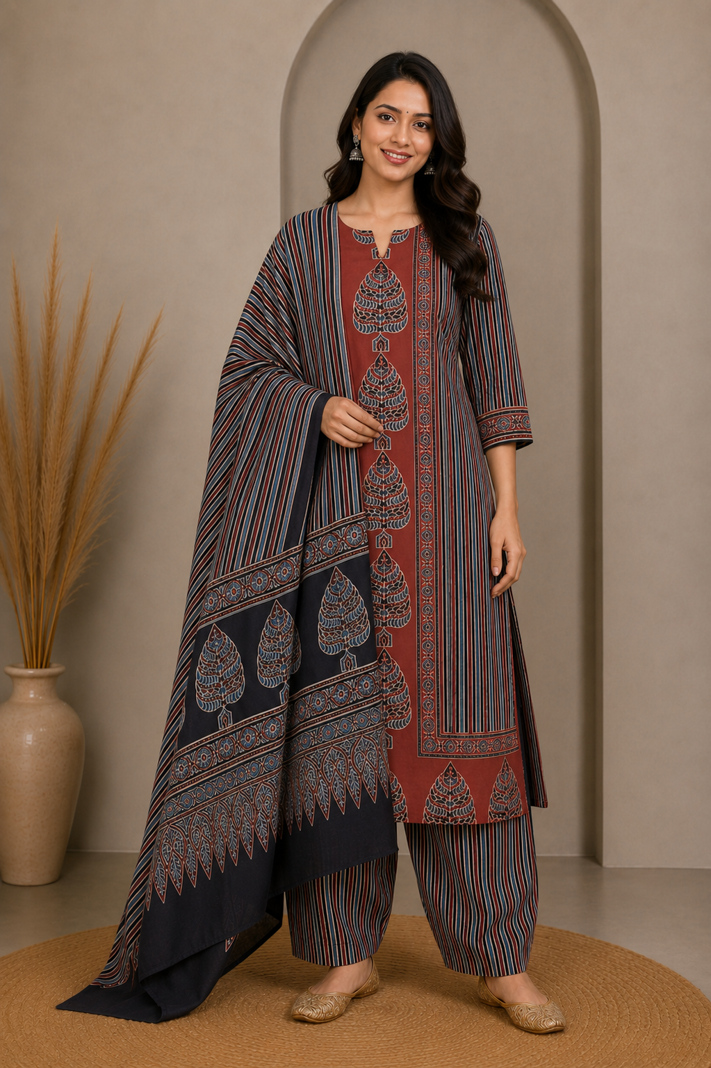 Ajrakh Cotton Natural Dye Three Colour Full Printed Hand Block Print Dress Material with 44 Inch wide Dupatta - 2.5 Mt Top    -  SKU : AI03501I