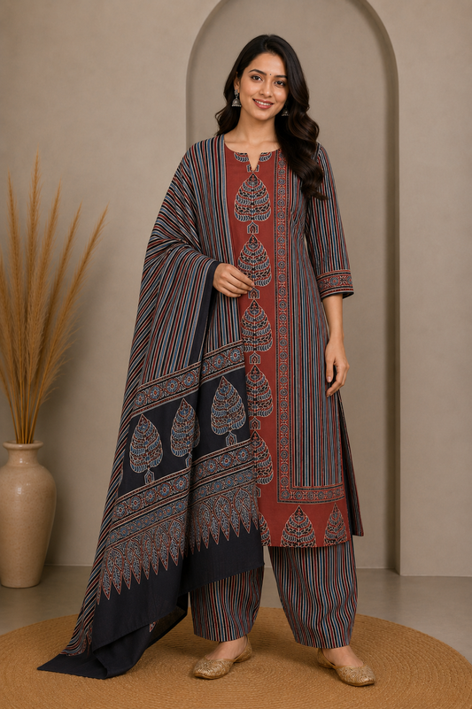 Ajrakh Cotton Natural Dye Three Colour Full Printed Hand Block Print Dress Material with 44 Inch wide Dupatta - 2.5 Mt Top    -  SKU : AI03501I