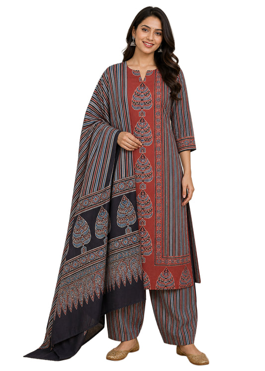 Ajrakh Cotton Natural Dye Three Colour Full Printed Hand Block Print Dress Material with 44 Inch wide Dupatta - 2.5 Mt Top    -  SKU : AI03501I