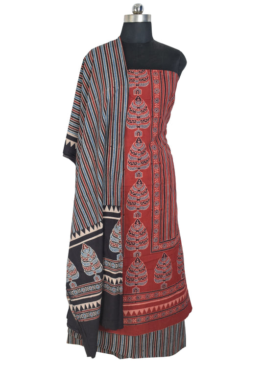 Ajrakh Cotton Natural Dye Three Colour Full Printed Hand Block Print Dress Material with 44 Inch wide Dupatta - 2.5 Mt Top    -  SKU : AI03501I