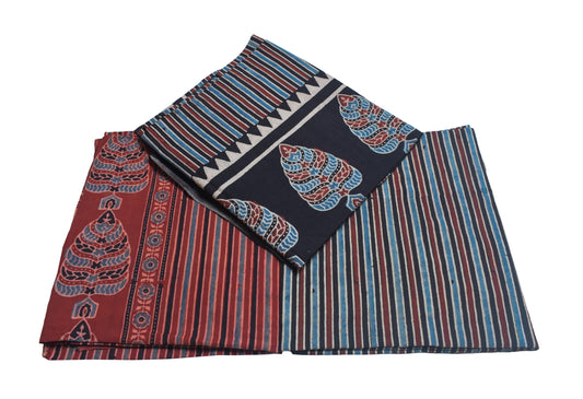 Ajrakh Cotton Natural Dye Three Colour Full Printed Hand Block Print Dress Material with 44 Inch wide Dupatta - 2.5 Mt Top    -  SKU : AI03501I