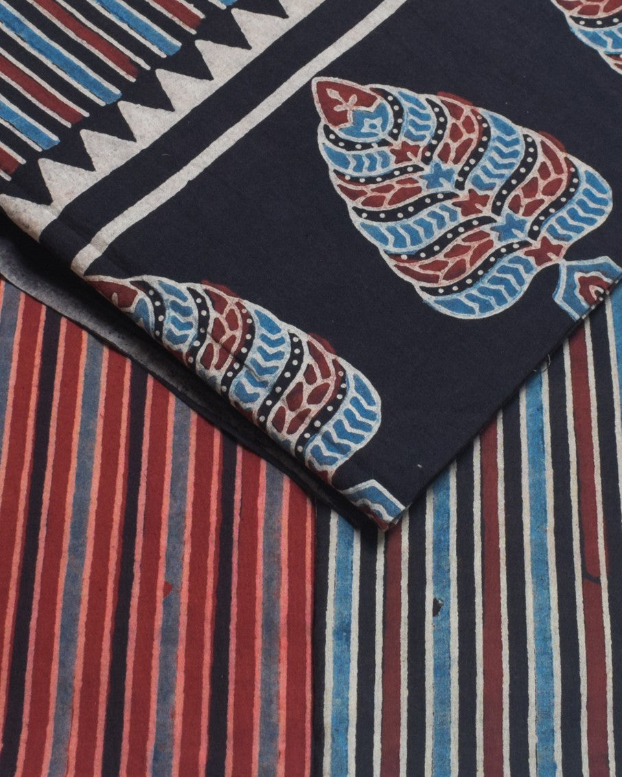 Ajrakh Cotton Natural Dye Three Colour Full Printed Hand Block Print Dress Material with 44 Inch wide Dupatta - 2.5 Mt Top    -  SKU : AI03501I
