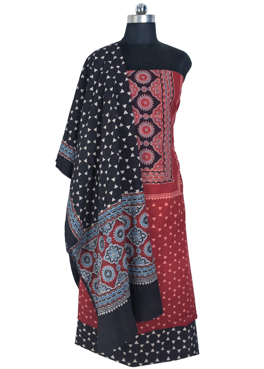 Ajrakh Cotton Natural Dye Three Colour Full Printed Hand Block Print Dress Material with 44 Inch wide Dupatta - 2.5 Mt Top    -  SKU : AI03501O