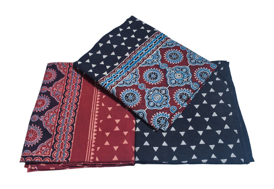 Ajrakh Cotton Natural Dye Three Colour Full Printed Hand Block Print Dress Material with 44 Inch wide Dupatta - 2.5 Mt Top    -  SKU : AI03501O