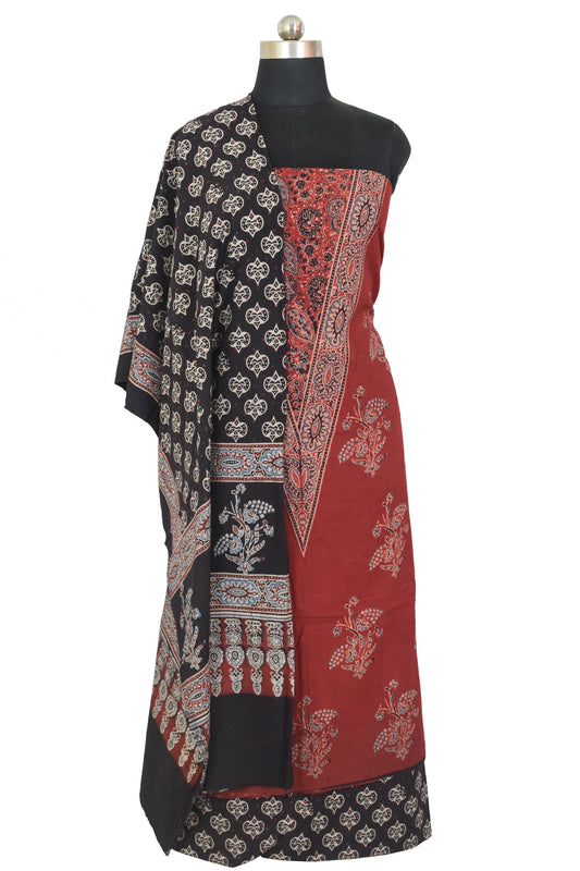 Ajrakh Cotton Natural Dye Three Colour Full Printed Hand Block Print Dress Material with 44 Inch wide Dupatta - 2.5 Mt Top    -  SKU : AI03501U