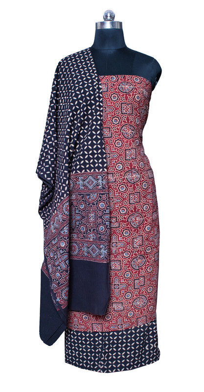 Ajrakh Cotton Natural Dye Three Colour Full Printed Hand Block Print Dress Material with 44 Inch wide Dupatta - 2.5 Mt Top    -  SKU : ID21401K