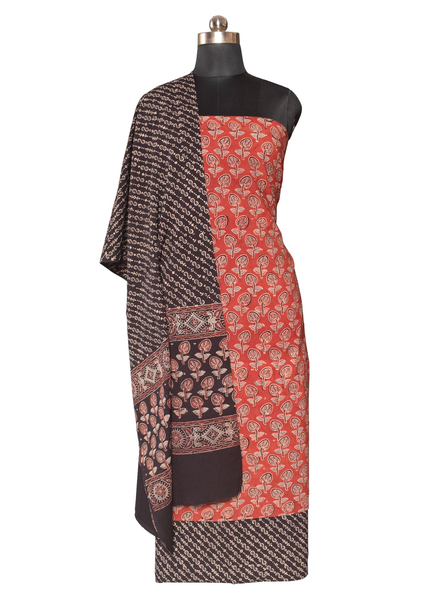 Ajrakh Cotton Natural Dye Three Colour Print Hand Block Print Dress Material  with 44 Inch wide Dupatta  - 2.5  Mt Top    -  SKU : ID30A01E