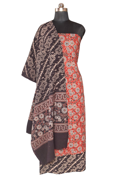 Ajrakh Cotton Natural Dye Three Colour Print Hand Block Print Dress Material  with 44 Inch wide Dupatta  - 2.5  Mt Top    -  SKU : ID30A01J