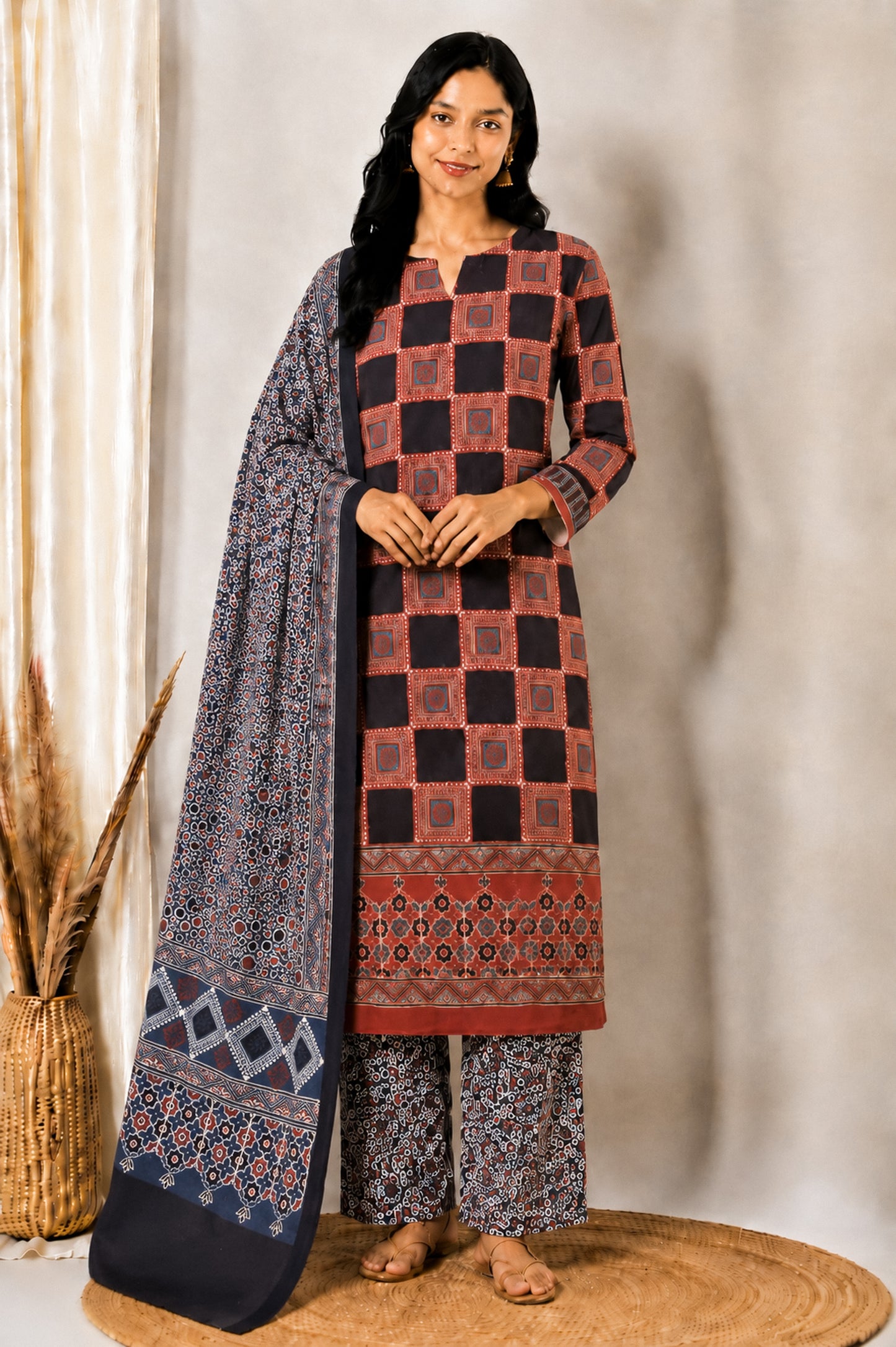 Ajrakh Cotton Natural Dye Three Colour Print | 3 Kam | Hand Block Print Dress Material with 44 Inch wide Dupatta - 2.5 Mt Top   -  SKU : AI03701S